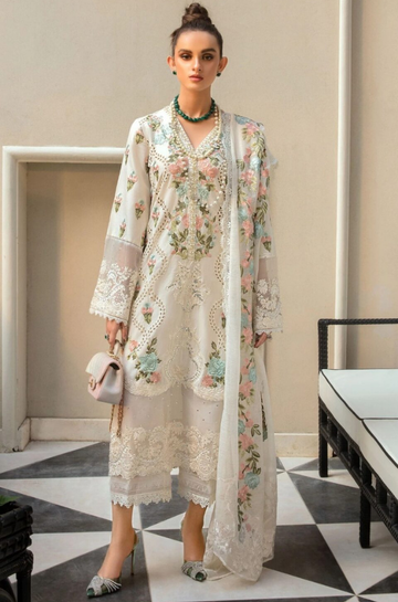 3PC Unstitched Lawn Embroidered Shirt with Embroidered Slub Net Dupatta - RC 1067