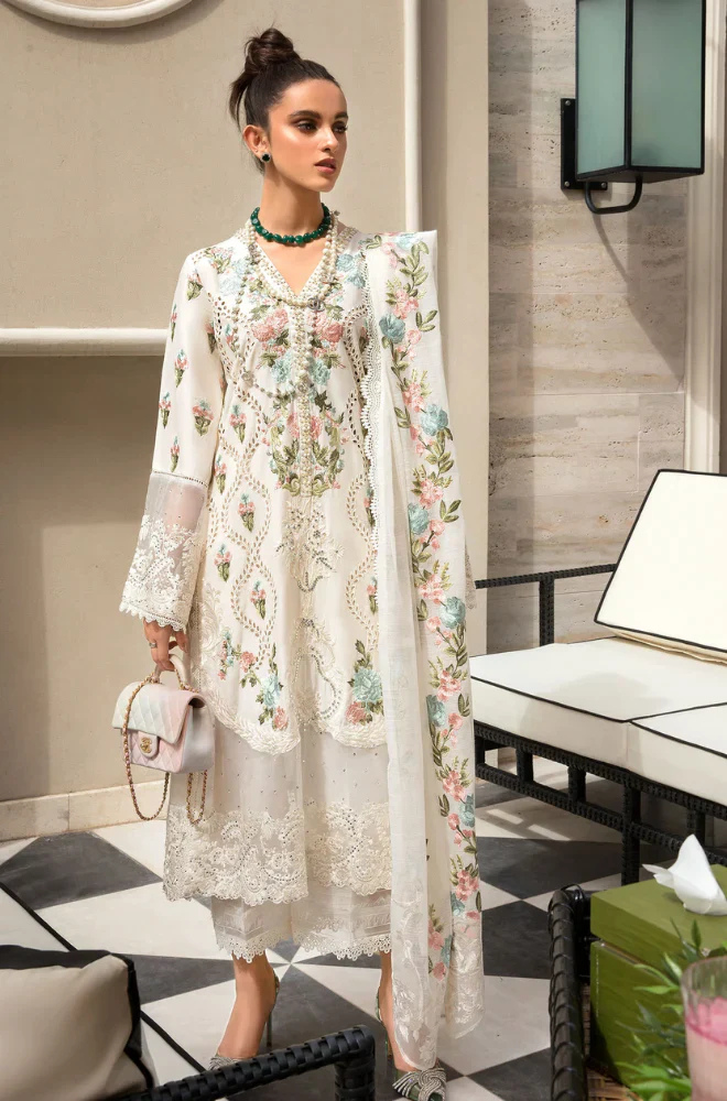 3PC Unstitched Lawn Embroidered Shirt with Embroidered Slub Net Dupatta - RC 1067