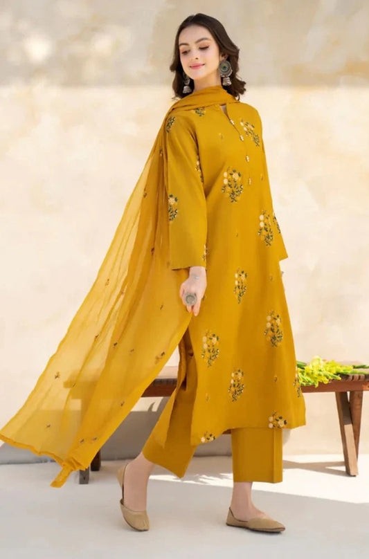 BAROQUE - 3PC Unstitched lawn Embroidered Shirt with Bamber Chiffon Dupatta and Trouser - RC 1001