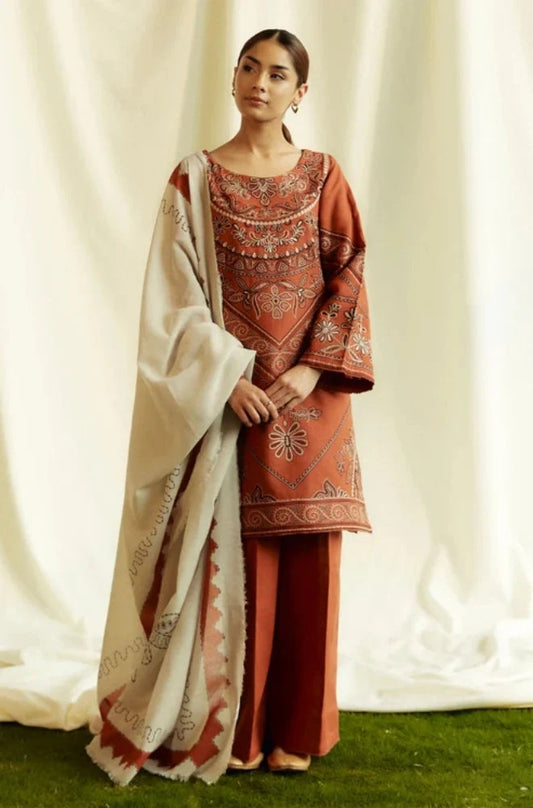 Zara Shah Jahan - 3PC Unstitched Dhanak Embroidered Shirt with Printed Shawl and Trouser - RC 1107