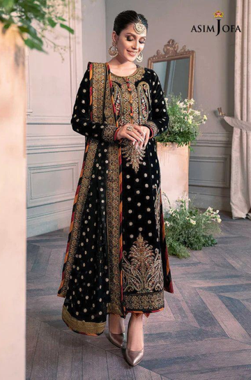3PC Unstitched Velvet Embroidery Suit with Net Embroidery Dupatta and Stain Silk Trouser - RC 1370