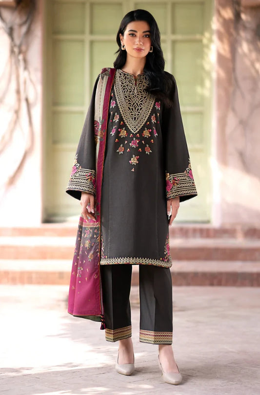 3PC Unstitched Dhanak Embroidered Shirt with printed shawl and Embroidered trouser - RC 1177