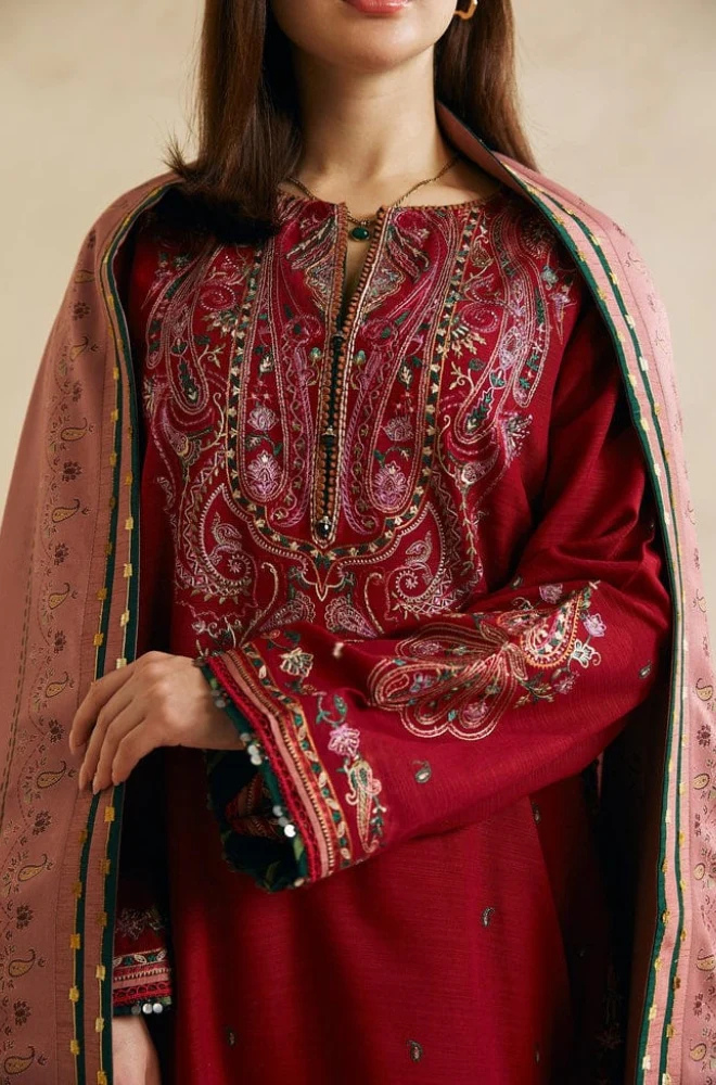 3PC Unstitched Dhanak Embroidered Shirt with Embroidered Back and Pashmina Printed Shawl - RC 1179