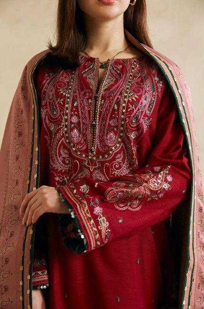 3PC Unstitched Dhanak Embroidered Shirt with Embroidered Back and Pashmina Printed Shawl - RC 1179