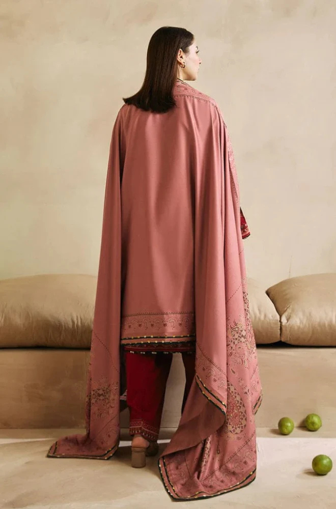 3PC Unstitched Dhanak Embroidered Shirt with Embroidered Back and Pashmina Printed Shawl - RC 1179