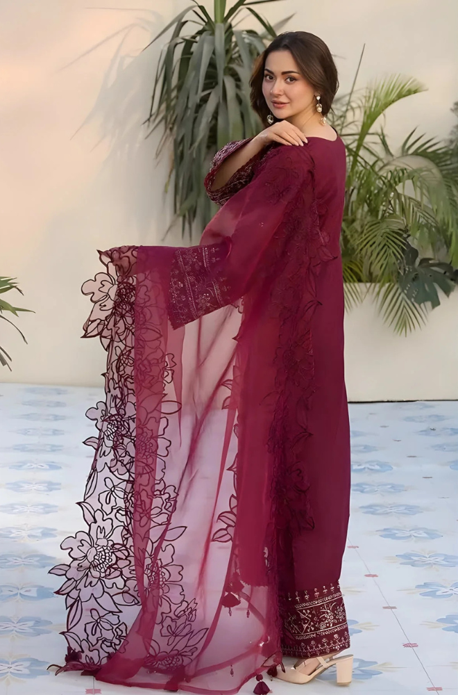 3PC Unstitched Lawn Embroidered Shirt with Embroidered Organza Dupatta - RC 1012