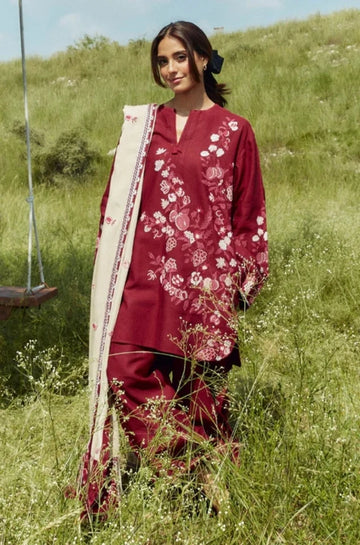 3PC Unstitched Dhanak Embroidered Shirt with Printed Shawl and Trouser - RC 1108