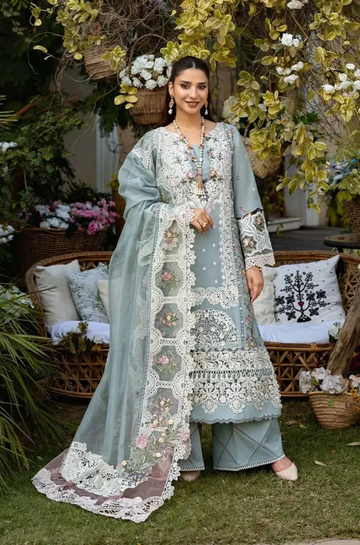 3PC Unstitched Lawn Embroidered Shirt with Embroidered Slub Net Dupatta - RC 1076