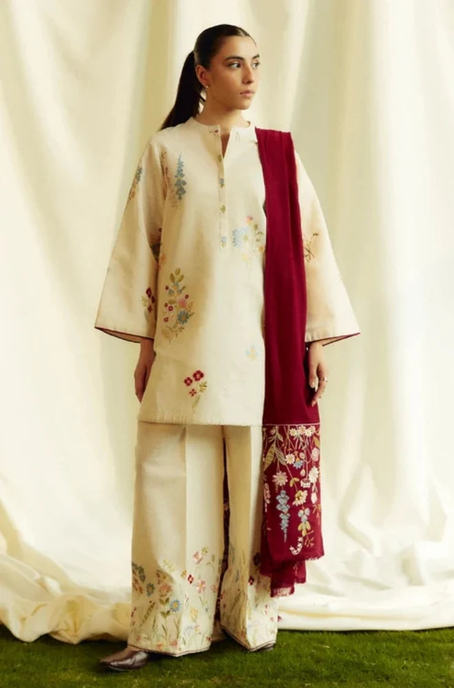 Zara Shah Jahan - 3PC Unstitched Dhanak Embroidered Shirt with Dhanak Embroidered Shawl and Embroidered Trouser - RC 1109