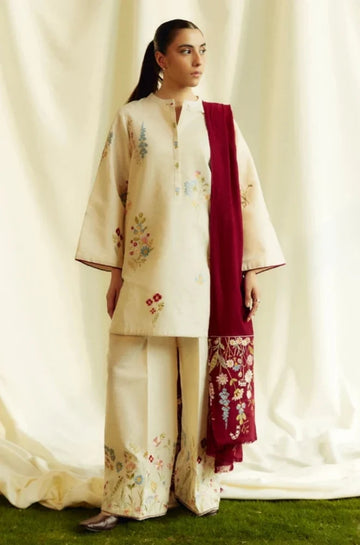 3PC Unstitched Dhanak Embroidered Shirt with Dhanak Embroidered Shawl and Embroidered Trouser - RC 1109