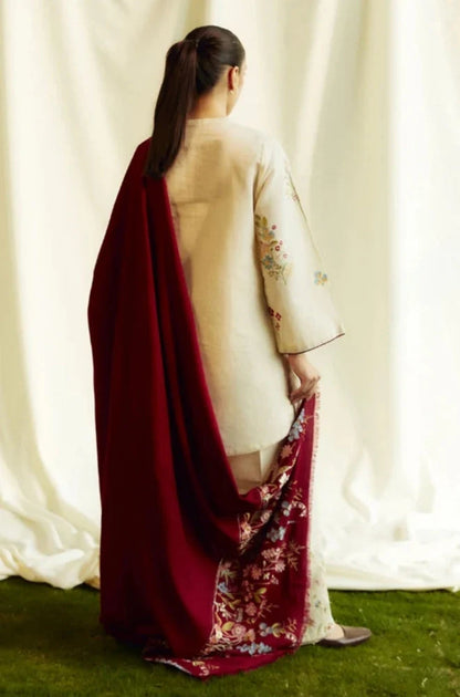 Zara Shah Jahan - 3PC Unstitched Dhanak Embroidered Shirt with Dhanak Embroidered Shawl and Embroidered Trouser - RC 1109