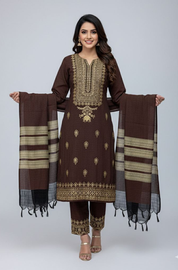 3PC Unstitched Dyed Khaadi Khaddar Embroidered Shirt With Jacquard Velvet Shawl and Trouser - RC 1198