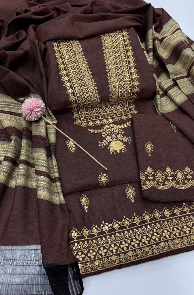 3PC Unstitched Dyed Khaadi Khaddar Embroidered Shirt With Jacquard Velvet Shawl and Trouser - RC 1198