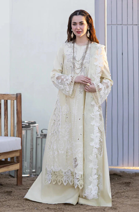 Qalamkaar - 3PC Unstitched Lawn Chicken Kari Embroidered Shirt with Embroidered Slub Net Dupatta - RC 1006